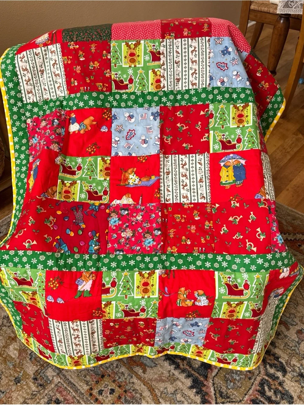 Handmade Christmas Patchwork Quilt 50x38 Holiday Reindeer Tree Sleigh Throw